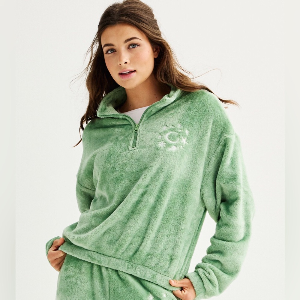 Mighty Fine Plush Faux Fur Fleece Quarter Zip Pullover Size Small Medium Green